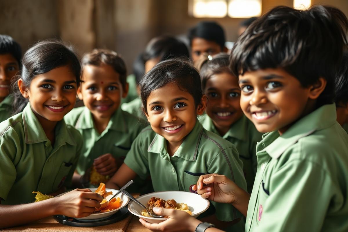 Smiling schoolchildren sharing a nutritious midday meal