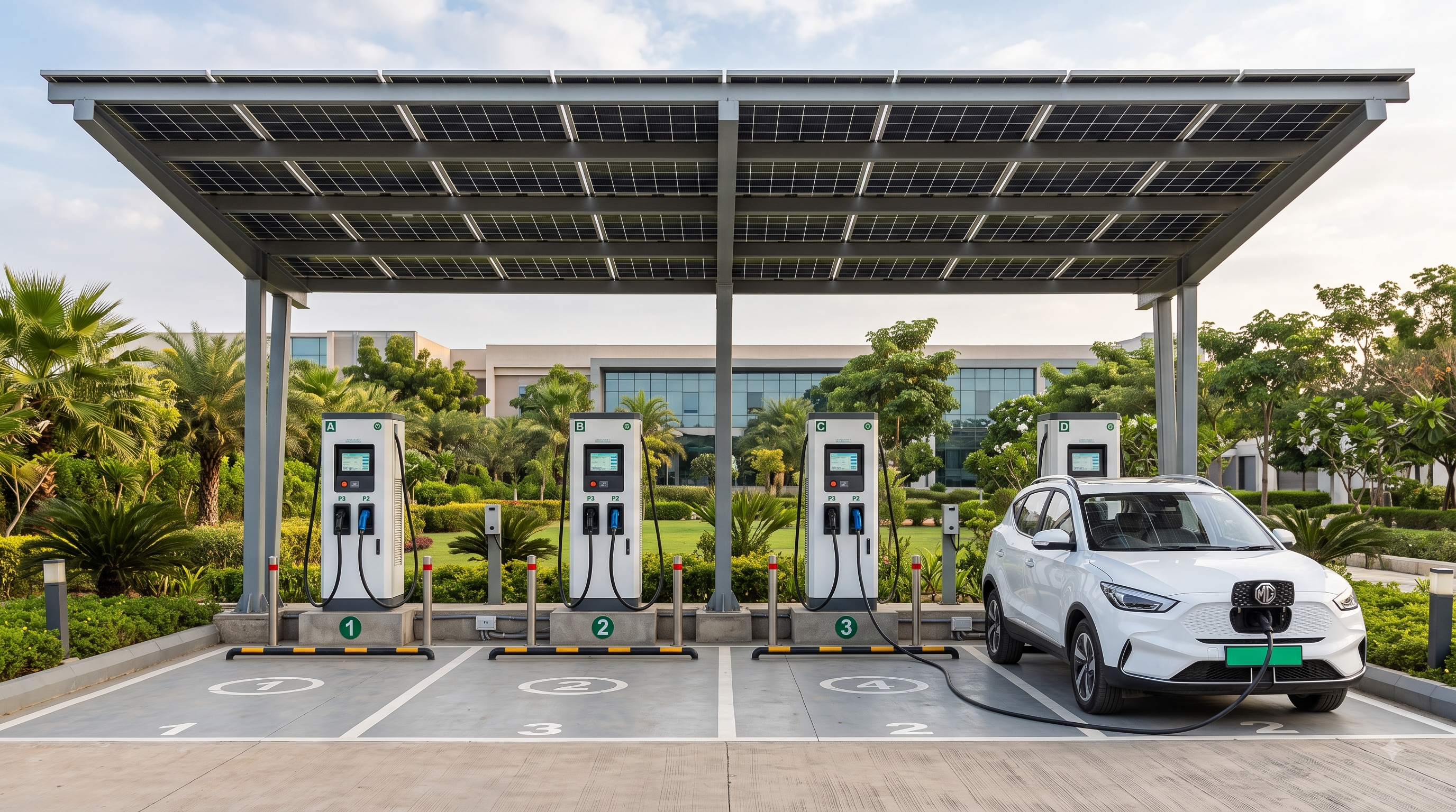 Solar-powered electric vehicle charging points beside a road