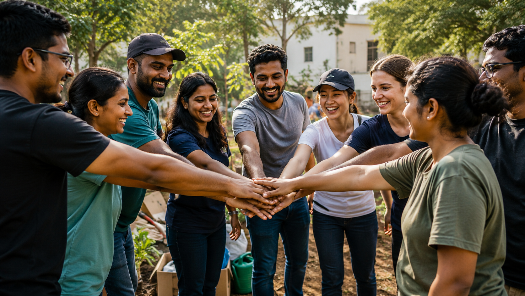 Volunteers joining hands together in a circle